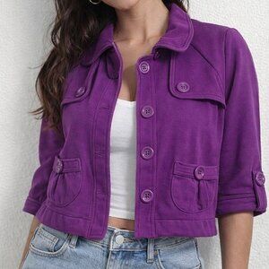 Chunky Grimace Purple size M 3/4 length,button up short fitted sweater